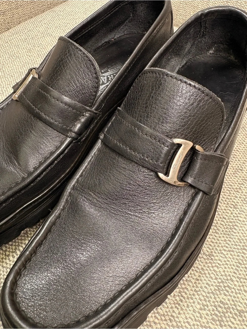 SALVATORE FERRAGAMO Men's Black Leather Slip-On Loafers with Buckle Detail